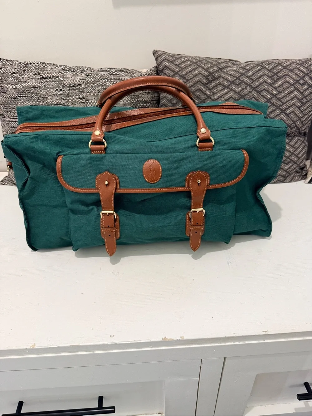 Vintage Polo Ralph Lauren Green Canvas Leather Weekender Duffel Bag